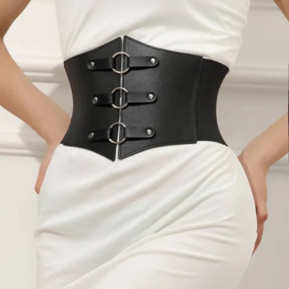 Black Faux Leather Vegan Wide Metal Rings Elastic Womens Snap Closure Belt